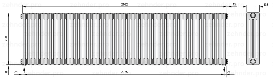 Схема (чертеж) Радиатор Zehnder Charleston 4075/47 №5310 Белый глянцевый RAL 9016